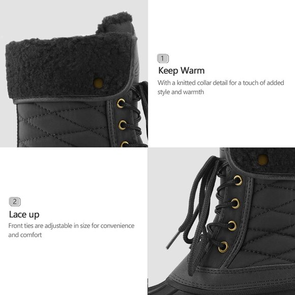 Women's Black Waterproof Insulated Snow Boots Lace-Up Mid Calf Duck Boots - Picture 5 of 7